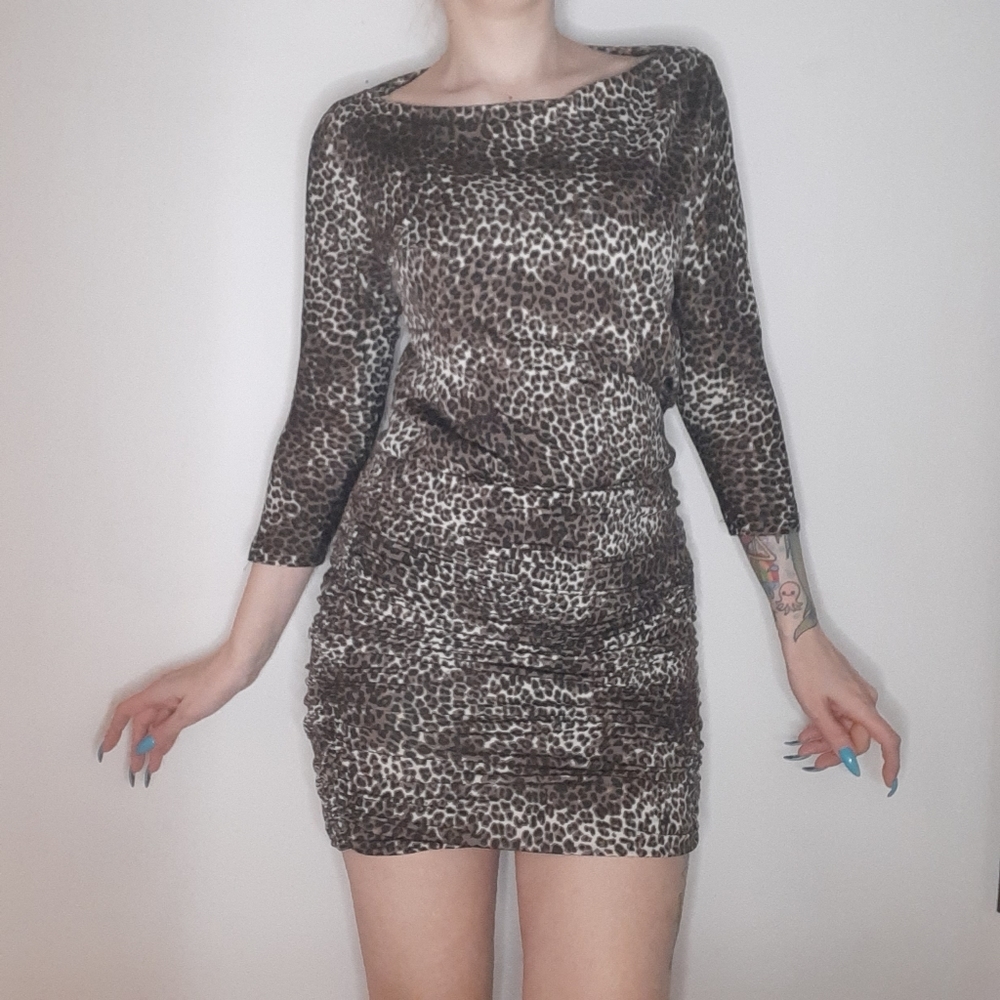 Femme de Carriere 3/4 Sleeve Leopard Print Rouched Bodycon Dress.